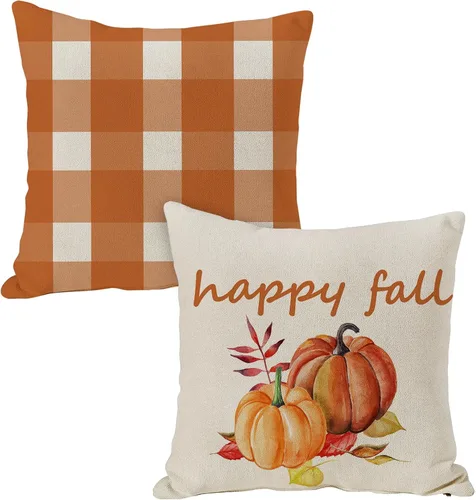 Vista 8 de JOOCAR Juego de 2 fundas de almohada de otoño, con texto en inglés «Hello Pumpkin», «Hello Fall», fundas decorativas de lino para sofá, decoración
