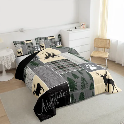 Vista 4 de Juego de edredón de cabaña rústica navideña, juego de ropa de cama estilo rústico con diseño de osos y ciervos, tamaño completo, patchwork Multi 08