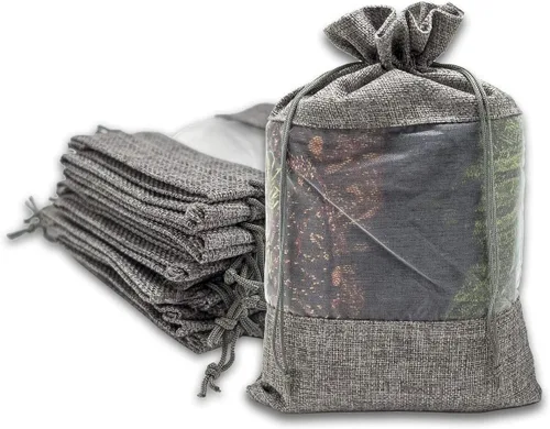 Vista 14 de TheDisplayGuys para tu vida moderna - Paquete de 12 bolsas de regalo pequeñas de arpillera de lino y organza con cordones (8.9x14 cm, gris)