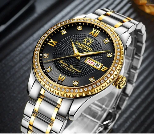 Vista 5 de Gosasa Relojes de oro de lujo hechos en Suiza, relojes de diamantes de acero inoxidable dorado luminoso de la semana del calendario de la exhibición