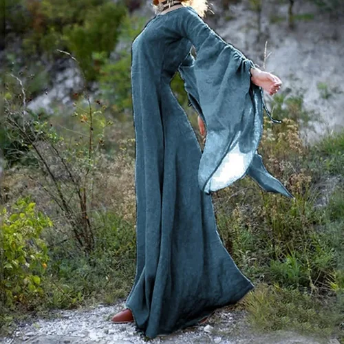 Vista 3 de Vestidos victorianos vintage para mujer, vestido de princesa irlandesa renacentista, vestido de hada, vestido de manga larga acampanada, vestido