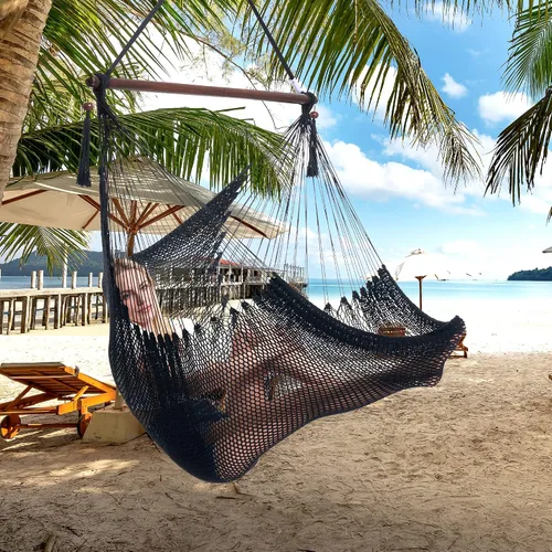 Vista 5 de Larga silla hamaca grande caribeña con reposapiés, 48 pulgadas, poliéster, silla de colgar., Negro