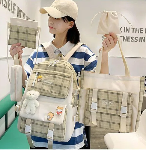 Vista 3 de Aobiono Juego de 5 mochilas a cuadros kawaii, estética, a cuadros, con alfileres, oso, colgante, luz escolar, kit de suministros escolares