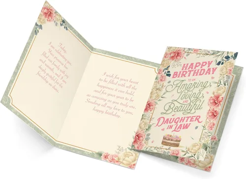 Vista 3 de Prime Greetings Tarjeta de cumpleaños para nuera, hecha en Estados Unidos, ecológica, cartulina gruesa con sobre premium de 5 x 7.75 pulgadas