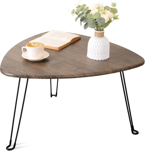 Vista 8 de Mesa de centro plegable negra de madera triangular para sentarse en el suelo, mesas auxiliares pequeñas ovaladas, mesa de centro moderna de mediados