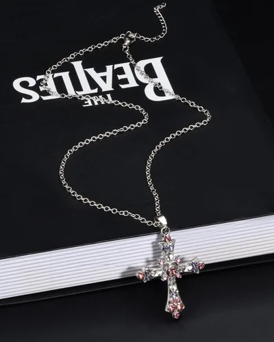 Vista 5 de Y2k - Collar de cruz gótica para mujeres y hombres, joyería con colgante de cruz de cristal, collar de metal punk, espinas de alambre de púas