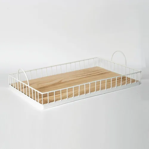 Vista 5 de Bandeja rectangular de madera para servir con asas de metal con marco de alambre, mesa de centro de mesa de centro de alimentos decorativa, centro