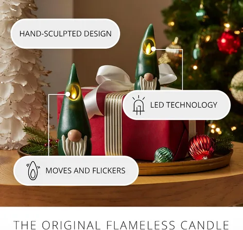 Vista 3 de Luminara Vela LED sin llama con figuras de gnomo, color verde, 2.2 x 6 pulgadas, funciona con pilas, decoración de Navidad e invierno, cera real