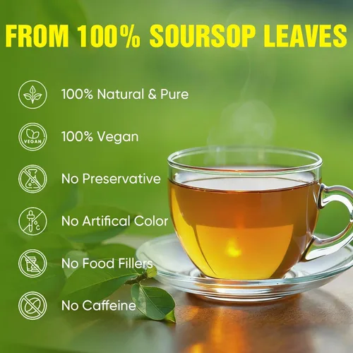 Vista 2 de TEAWOO Bolsas de té de guanábana, 60 paquetes de hojas de guanábana 100% naturales (hojas de guanábana), sin azúcar, sin cafeína, sin gluten, sin