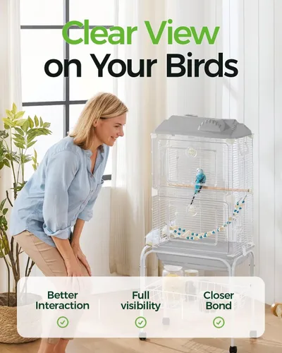 Vista 2 de Jaula para pájaros Clear View, pajarero mediano para principiantes, jaulas de respaldo para pájaros, ideal para viajes, transportador, cría de aves