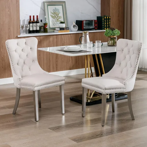 Vista 4 de Juego de 2 Sillas de Comedor Modernas de Mediados de Siglo, Tapizadas en Terciopelo Beige con Respaldo Acolchado, Sillas de Cocina y Comedor, Patas