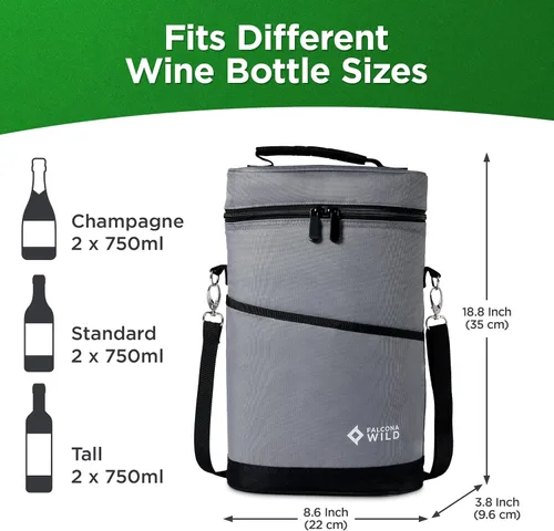 Vista 5 de Falcona Wild Bolsa enfriadora de vino más dos fundas para enfriar – Capacidad para 2 botellas – Mantiene las bebidas frías durante horas – Se adapta