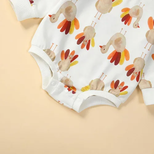 Vista 4 de FYBITBO Thanksgiving Baby Girl Boy Outfit Turkey Pullover Sweatshirt Romper Long Sleeve Onesie Cute Fall Clothes Mameluco Tukey Beige