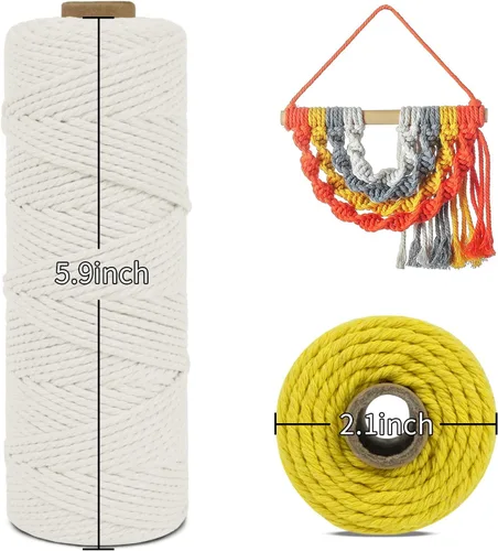 Vista 3 de Cordón de macramé de 0.079 pulgadas, cuerda de algodón natural de 109 yardas, hilo de cuerda de macramé para manualidades, ganchos de pared