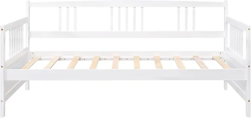 Vista 4 de Merax Sofá cama moderno de madera maciza, sofá cama multifuncional, marco de cama de tamaño individual, blanco 2-Blanco