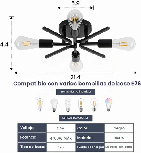 Vista 6 de 4 Luces Estilo Granja Sputnik Accesorios de Iluminación Accesorios de Techo Negro Industrial Lámpara Empotrada de Montaje al Ras Accesorio de Luz