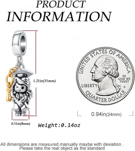 Vista 3 de MZC Jewelry Graduation Girl Reading Book Charm Dangle Bead for Pandora Bracelets Necklace for Women Sister Daughter Best Friends