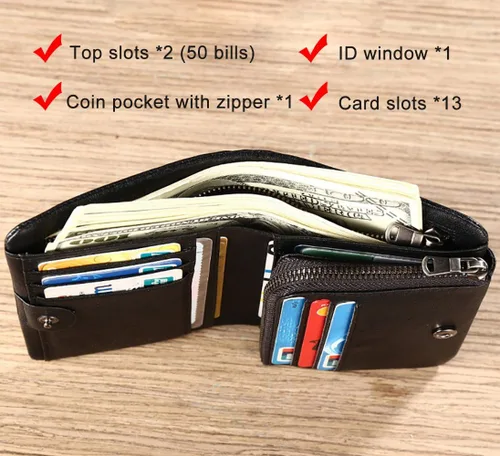 Vista 2 de Cartera de bolsillo de la moneda de la cremallera de la capacidad extra del cuero del RFID trifold