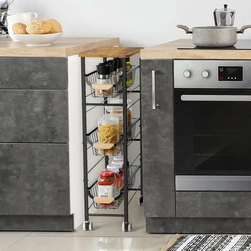 Vista 2 de Shinoske Carrito de almacenamiento delgado y rodante, carrito de cocina con ruedas de 4 niveles, carrito utilitario estrecho con cesta extraíble