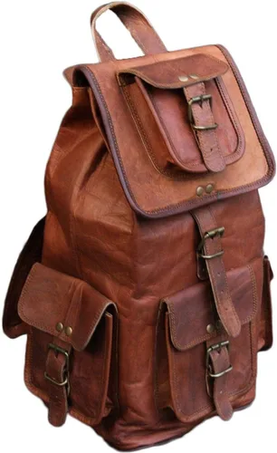 Vista 6 de HLC - Mochila retro de cuero genuino de 20 pulgadas, mochila de viaje para universidad