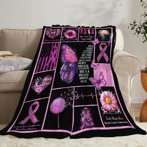 Vista 4 de Manta de Concientización sobre el Cáncer de Mama con Cinta Rosa de Quimioterapia, Manta de Franela de Felpa Suave, Decoración Inspiradora