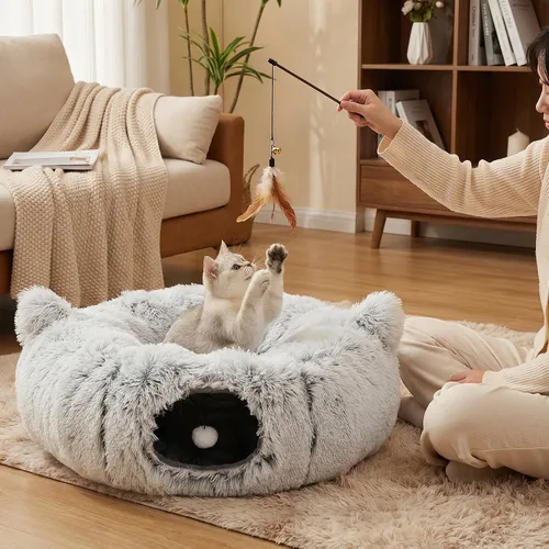 Vista 8 de Túnel Cama Cueva para Gatos con Juguetes de Catnip - Escondite Peekaboo para Gatos y Túnel Donut para Gatos - Túneles para Gatos 3-en-1 para Gatos