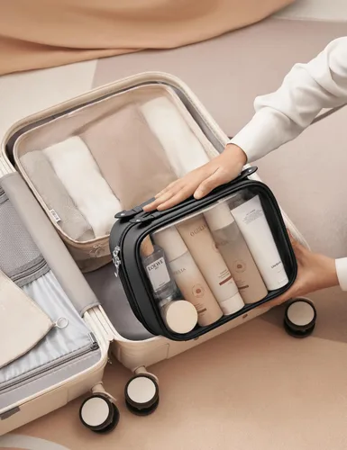 Vista 8 de Bolsa de Cosméticos Transparente de Doble Capa Bolsa de Artículos de Tocador de Viaje Bolsa de Maquillaje Transparente Estuche con 4 Compartimentos