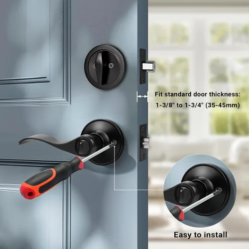 Vista 4 de Knobonly - Paquete de 1 manija para puerta delantera con llave similar y cerrojo de cilindro simple, juego de cerradura exterior color negro mate