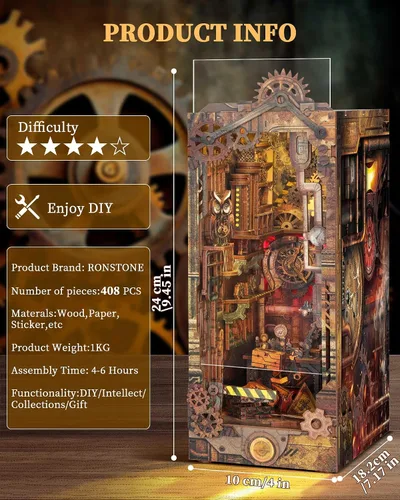 Vista 4 de RONSTONE - Kit de manualidades para rincón de lectura - Kit de casa de muñecas en miniatura 3D, rompecabezas de madera con luz LED - Modelo de kits