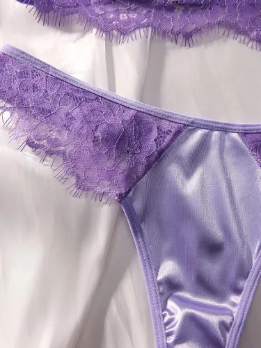 Vista 5 de Verdusa Conjunto de lencería de satén con lazo de encaje floral para mujer