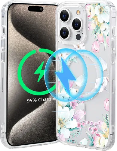 Vista 23 de Funda magnética de flores para iPhone 15 [compatible con MagSafe] Bonito patrón floral transparente a prueba de golpes