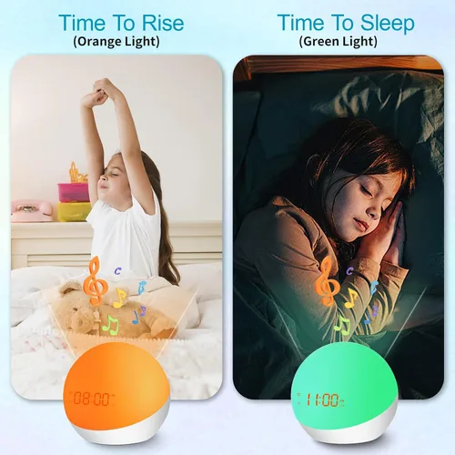 Vista 3 de Reloj despertador para niños, entrenador del sueño, reloj despertador para niños pequeños, máquina de sonido portátil para bebés, reloj de luz