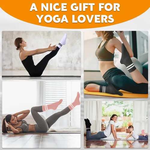 Vista 5 de Jspupifip 4 pares de calcetines largos de pilates con agarre, antideslizantes, para yoga, pilates, barre, entrenamiento, hospital, 4 pares