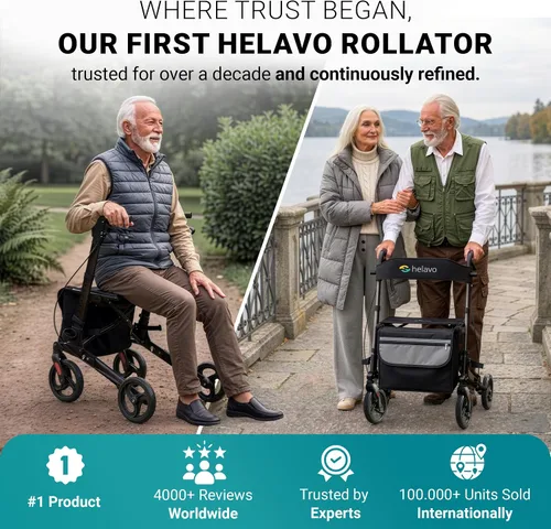Vista 3 de Helavo Rodillo plegable con asiento, ruedas giratorias de 360° de 8 pulgadas, 24.8 pulgadas de ancho, andador de aluminio ligero para personas