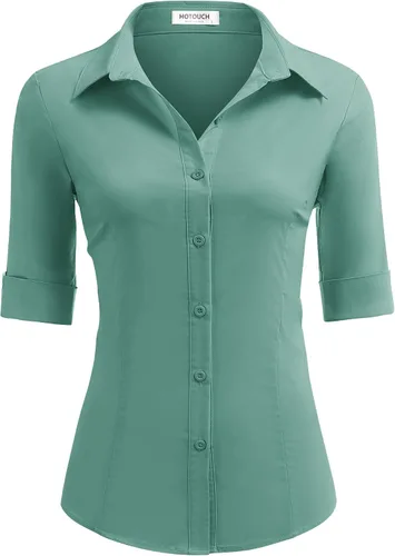 Vista 9 de HOTOUCH Camisas básicas con botones para mujer, manga 3/4, elásticas, con botones, camisa de vestir ajustada para camarera