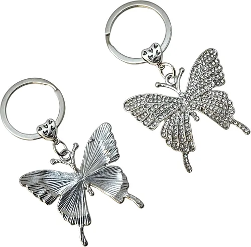 Vista 7 de Llavero de mariposa plateada - Cubierto de diamantes de imitación - Bolsa con cordón - 3 pulgadas de largo, plateado