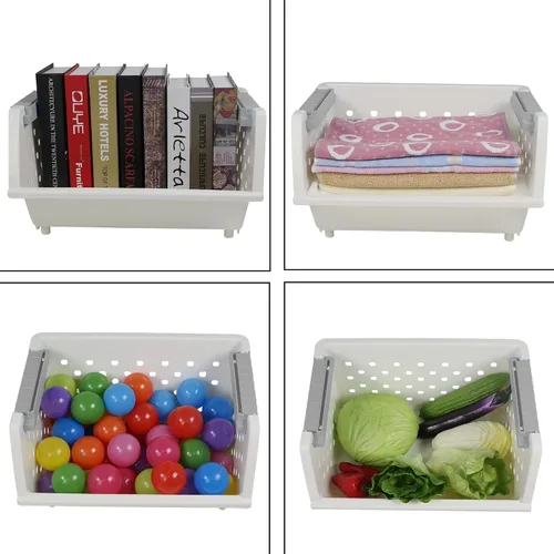 Vista 6 de Paquete de 3 cestas de almacenamiento apilables de plástico, cesta organizadora apilable blanca Stackable Storage Design, Breathable Perforated