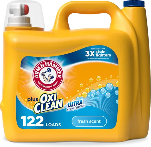 Vista 17 de ARM & HAMMER Plus OxiClean Ultra Stain Fighters - Detergente líquido para ropa Removedor de manchas para ropa, aroma a prado limpio, 74 cargas