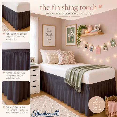 Vista 3 de SlumberWell Falda de cama con volantes, tamaño individual XL, caída de 36 pulgadas, gris oscuro Solución de almacenamiento oculto