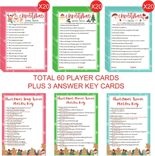 Vista 2 de KMLIFE 63 tarjetas de juego de trivia de Navidad, 3 temas, actividades de adivinanzas navideñas para adultos, familias, amigos, niños, grupos