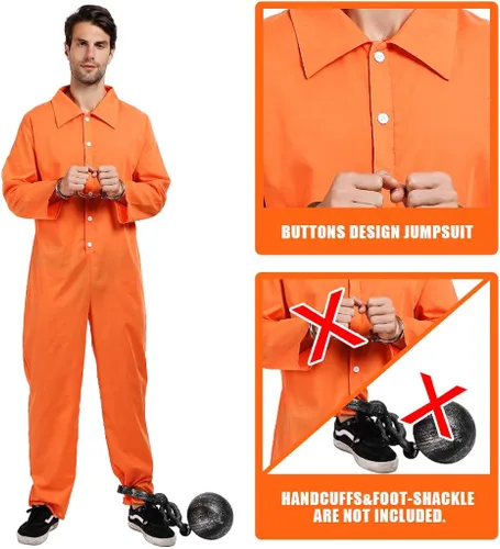 Vista 4 de ReneeCho Disfraz de prisionero naranja para hombres y adultos, disfraz de prisionero de Halloween