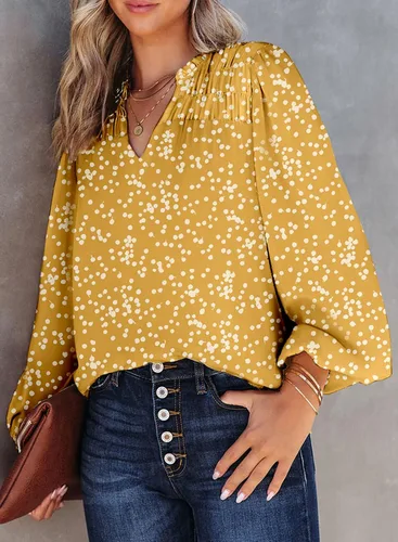 Vista 3 de Dokotoo - Camisetas de gasa para mujer, manga larga con fruncidos, cuello en V, estampado floral, blusa tipo Alicia, estilo informal y bohemio
