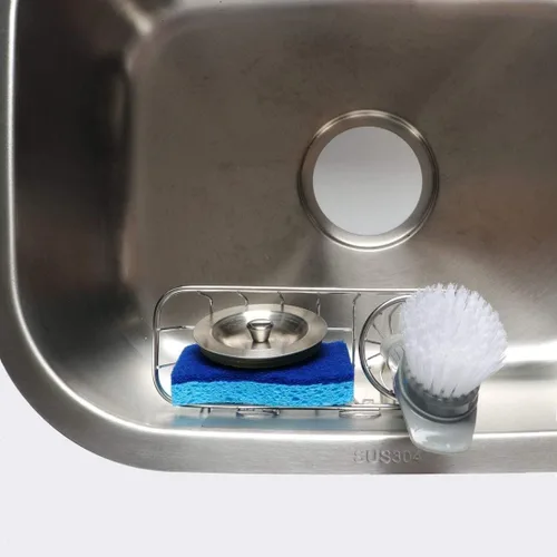 Vista 6 de HULISEN Soporte de esponja 3 en 1 para fregadero de cocina con soporte para cepillo de platos, organizador de acero inoxidable para jabón, fregador