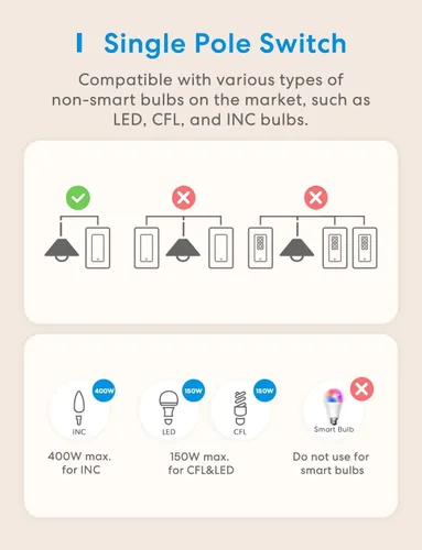 Vista 3 de meross - Interruptor de luz inteligente compatible con Apple HomeKit, Siri, Alexa, Google Assistant y SmartThings, interruptor de luz Wi-Fi de 2.4