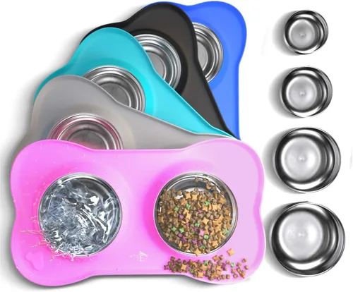 Vista 7 de Active Pets - Juego de tazones para perros, tazones para comida y agua de acero inoxidable a prueba de derrames con alfombrilla de silicona Gris