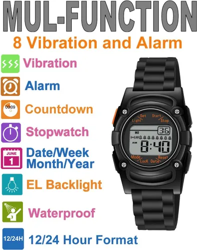 Vista 2 de T TICCI Reloj vibratorio digital para niños, 8 alarmas, recordatorio de medicación, entrenamiento urinario, vibración, píldora, aviso, vibra