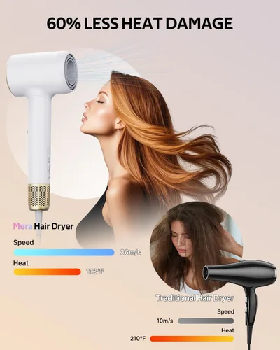 Vista 2 de Mera Bio-Ionic - Secador de pelo para mujer, secado rápido profesional de 1400 W con difusor y concentrador, tecnología de iones negativos