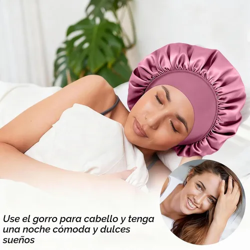 Vista 6 de 4 gorros de satén de seda para dormir, banda ancha elástica para mujeres y hombres, gorros de seda para cabello rizado para dormir