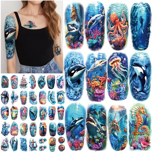 Vista 14 de 77 hojas de tatuajes temporales para mujeres y hombres, 17 hojas de tatuajes falsos de medio brazo de flores de playa, calaveras, atardeceres, 60