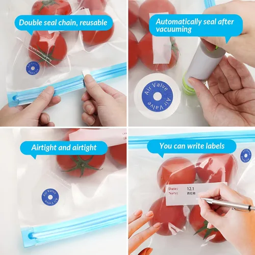 Vista 7 de Bolsas Sous Vide 28 piezas, sin BPA, reutilizables, con válvula de aire, almacenamiento de alimentos de doble capa para cocinar, almacenar alimentos